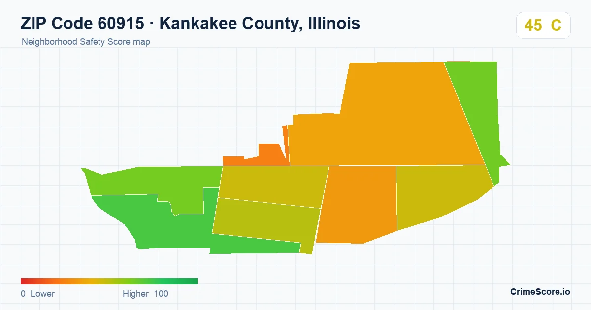 ZIP Code 60915 in Kankakee County, Illinois neighborhood Safety Score map
