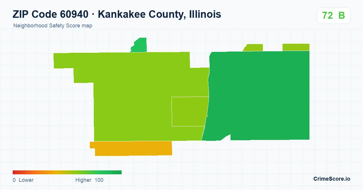 ZIP Code 60940 in Kankakee County, Illinois neighborhood Safety Score map
