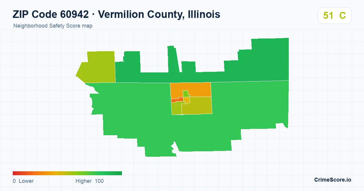 ZIP Code 60942 in Vermilion County, Illinois neighborhood Safety Score map