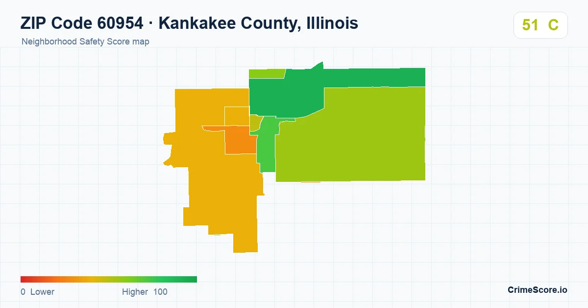 ZIP Code 60954 in Kankakee County, Illinois neighborhood Safety Score map