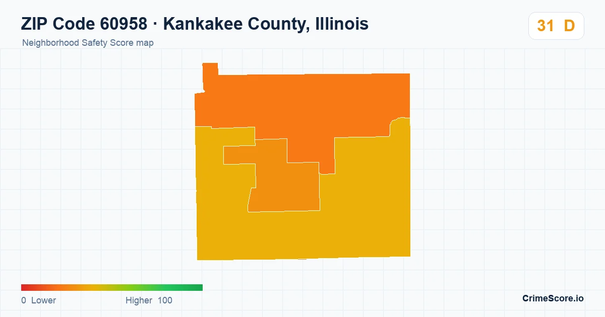 ZIP Code 60958 in Kankakee County, Illinois neighborhood Safety Score map