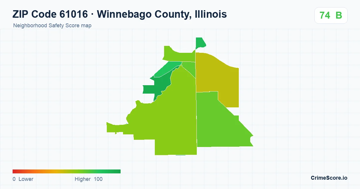ZIP Code 61016 in Winnebago County, Illinois neighborhood Safety Score map
