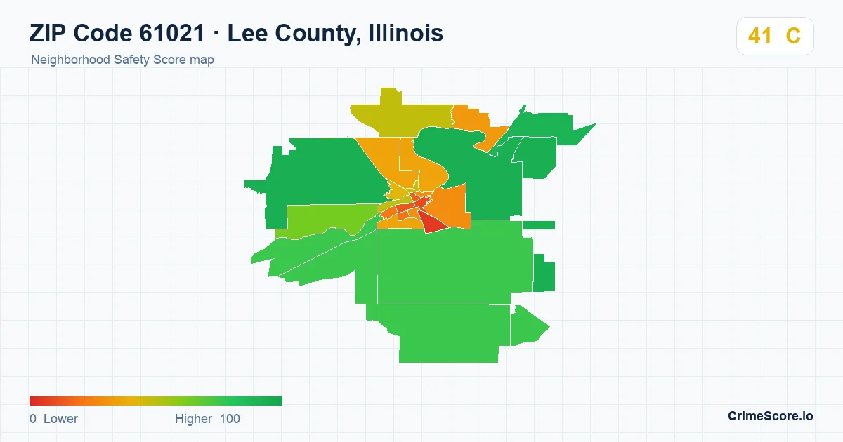 ZIP Code 61021 in Lee County, Illinois neighborhood Safety Score map