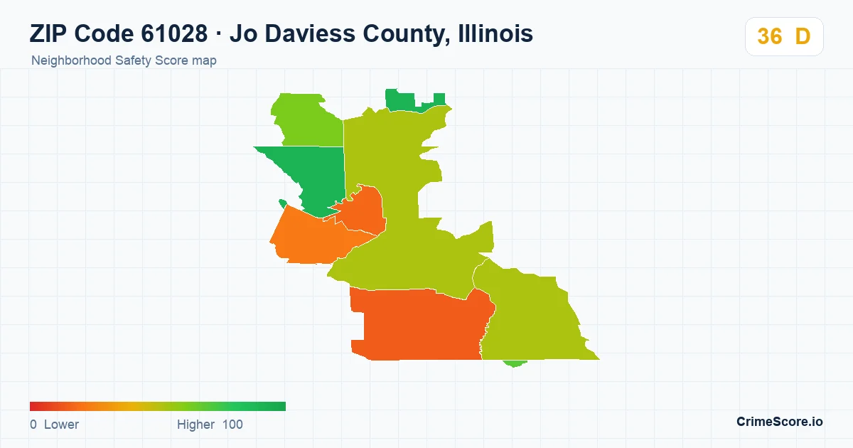 ZIP Code 61028 in Jo Daviess County, Illinois neighborhood Safety Score map