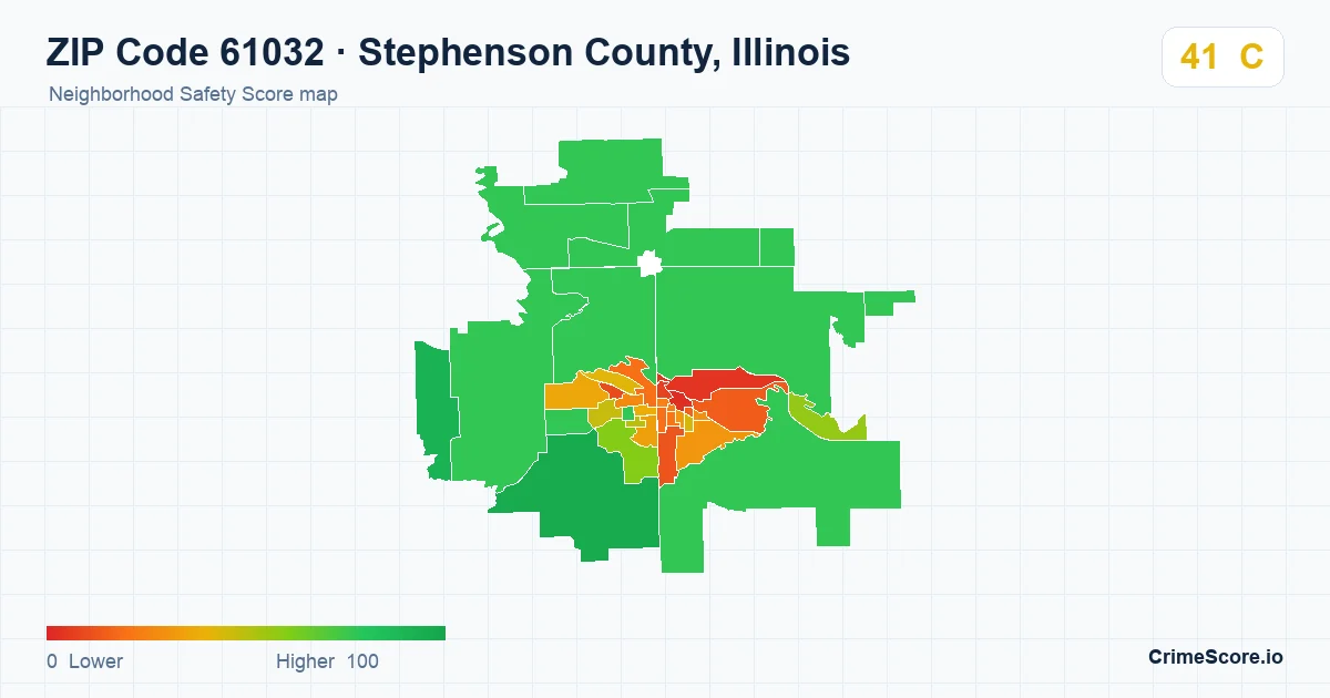 ZIP Code 61032 in Stephenson County, Illinois neighborhood Safety Score map