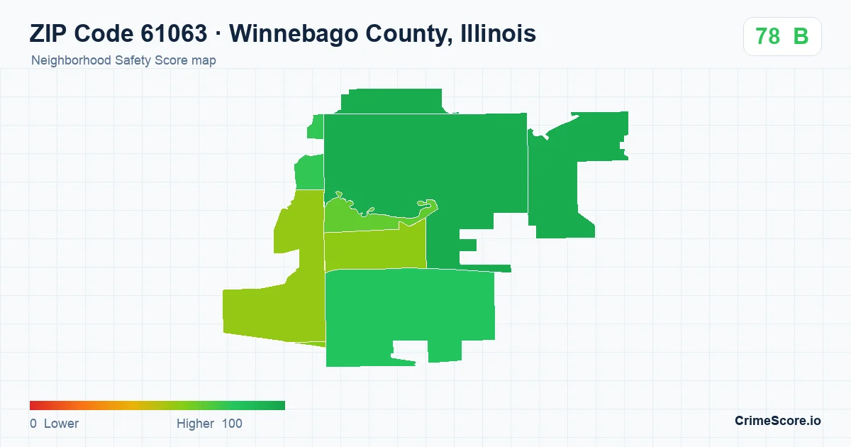 ZIP Code 61063 in Winnebago County, Illinois neighborhood Safety Score map