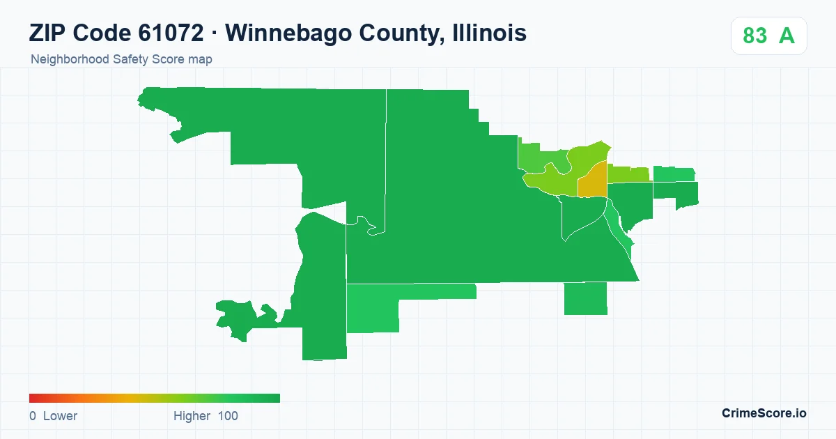 ZIP Code 61072 in Winnebago County, Illinois neighborhood Safety Score map