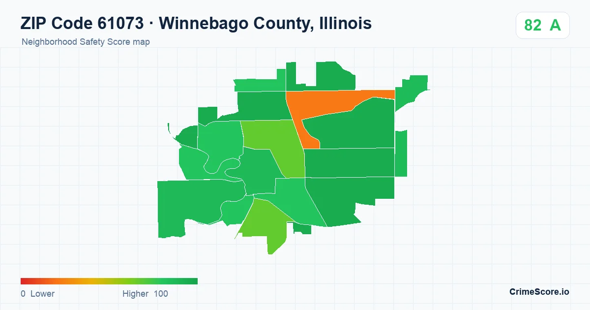 ZIP Code 61073 in Winnebago County, Illinois neighborhood Safety Score map