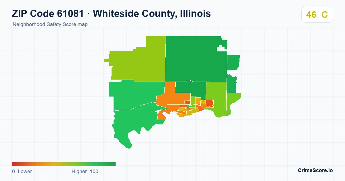 ZIP Code 61081 in Whiteside County, Illinois neighborhood Safety Score map