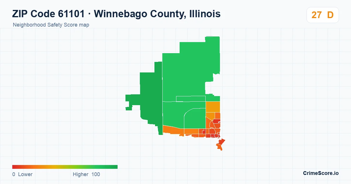 ZIP Code 61101 in Winnebago County, Illinois neighborhood Safety Score map