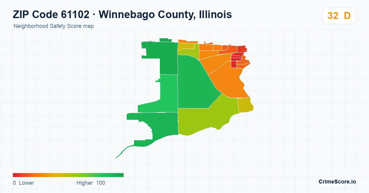 ZIP Code 61102 in Winnebago County, Illinois neighborhood Safety Score map