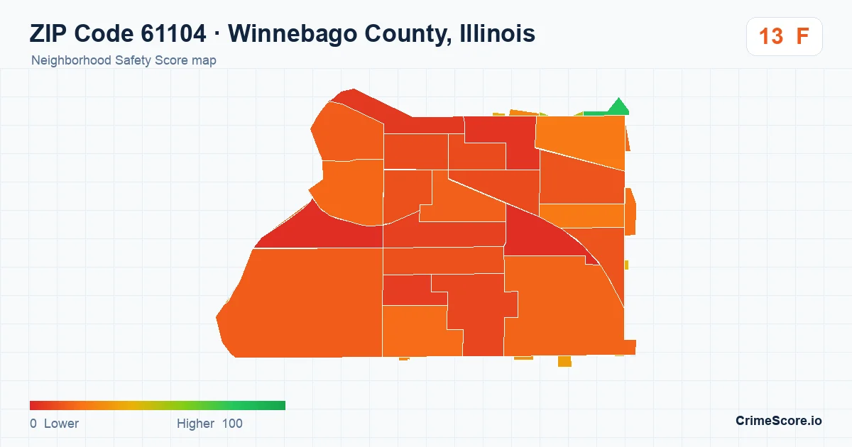 ZIP Code 61104 in Winnebago County, Illinois neighborhood Safety Score map