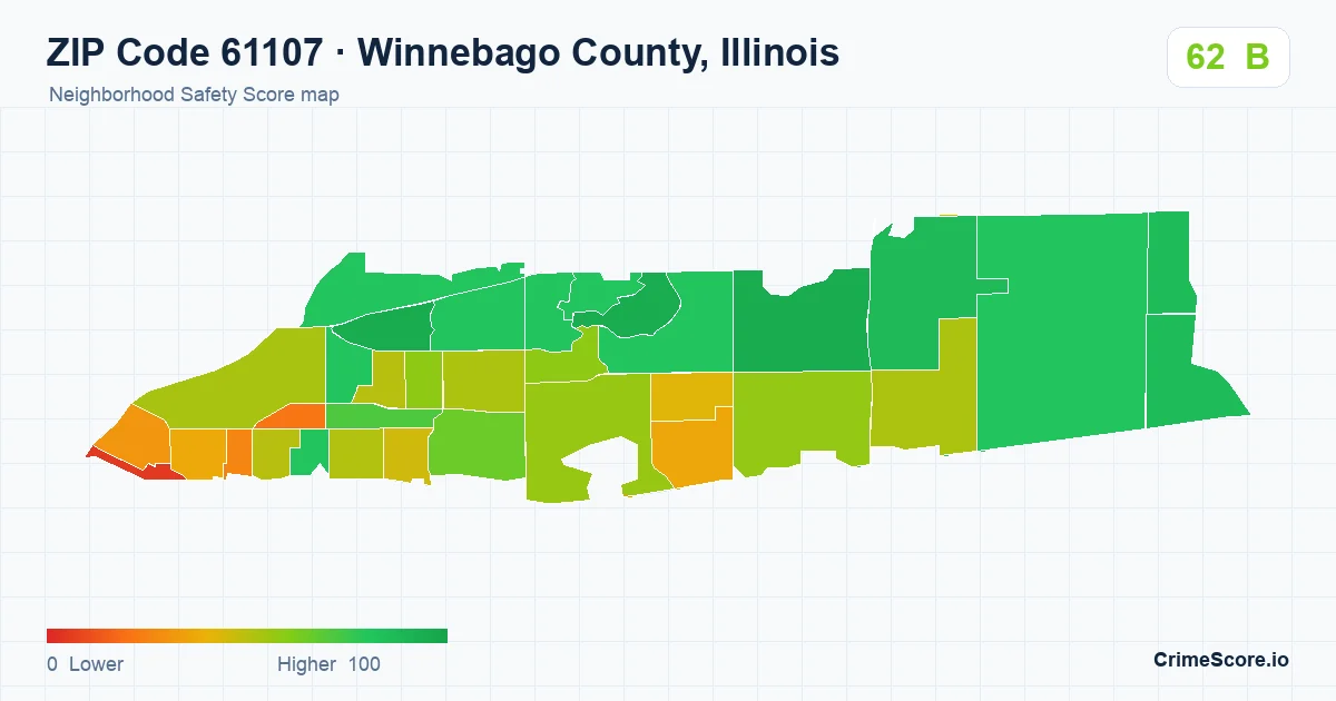 ZIP Code 61107 in Winnebago County, Illinois neighborhood Safety Score map