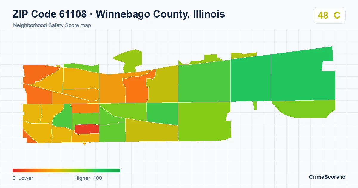 ZIP Code 61108 in Winnebago County, Illinois neighborhood Safety Score map