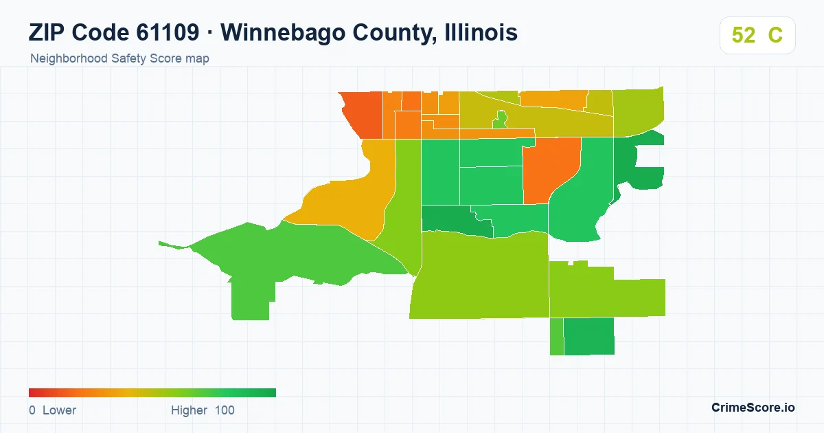 ZIP Code 61109 in Winnebago County, Illinois neighborhood Safety Score map