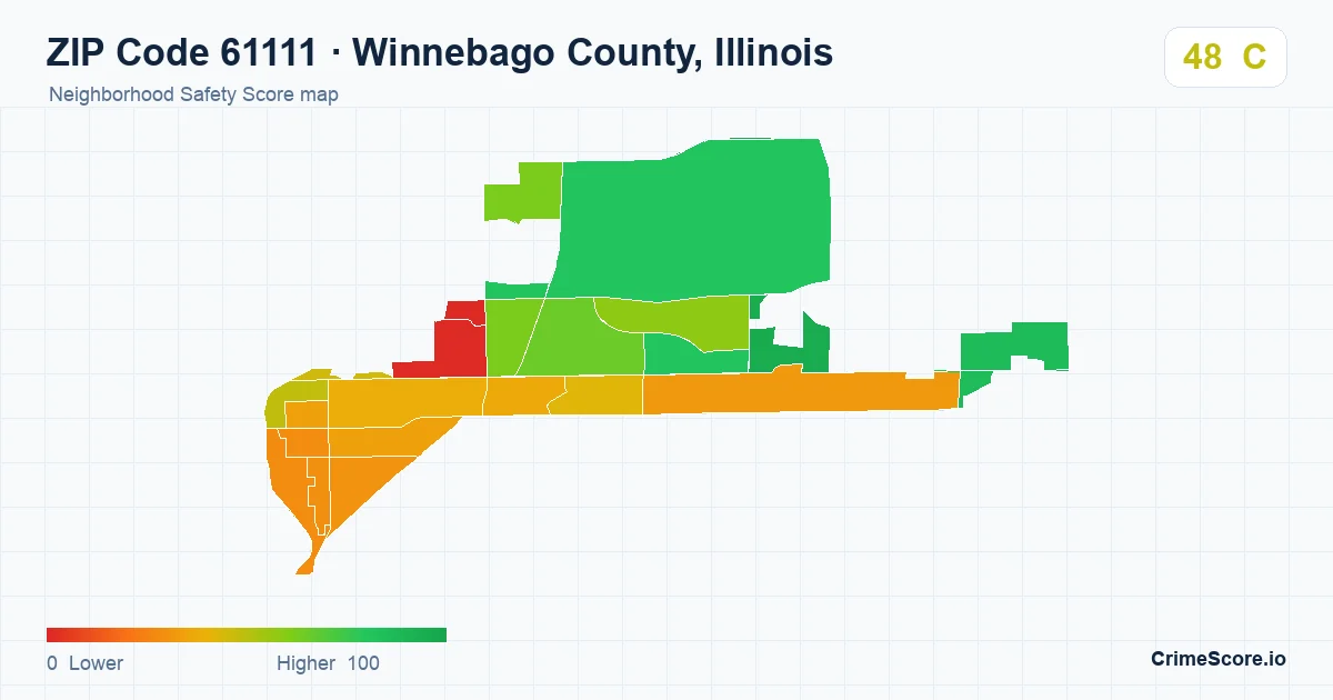 ZIP Code 61111 in Winnebago County, Illinois neighborhood Safety Score map