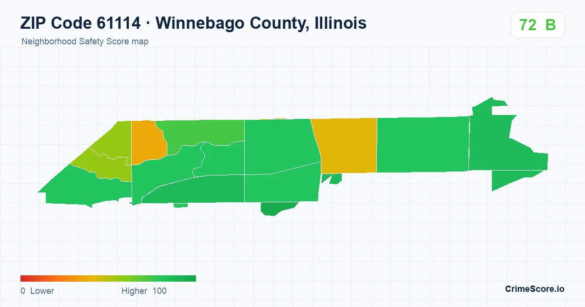 ZIP Code 61114 in Winnebago County, Illinois neighborhood Safety Score map