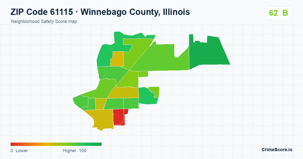 ZIP Code 61115 in Winnebago County, Illinois neighborhood Safety Score map