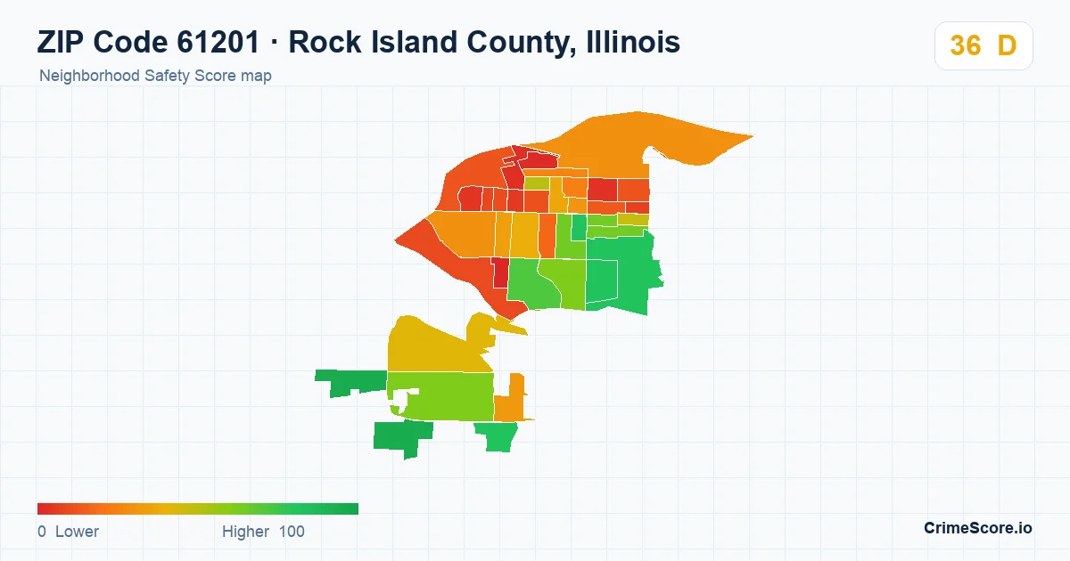 ZIP Code 61201 in Rock Island County, Illinois neighborhood Safety Score map