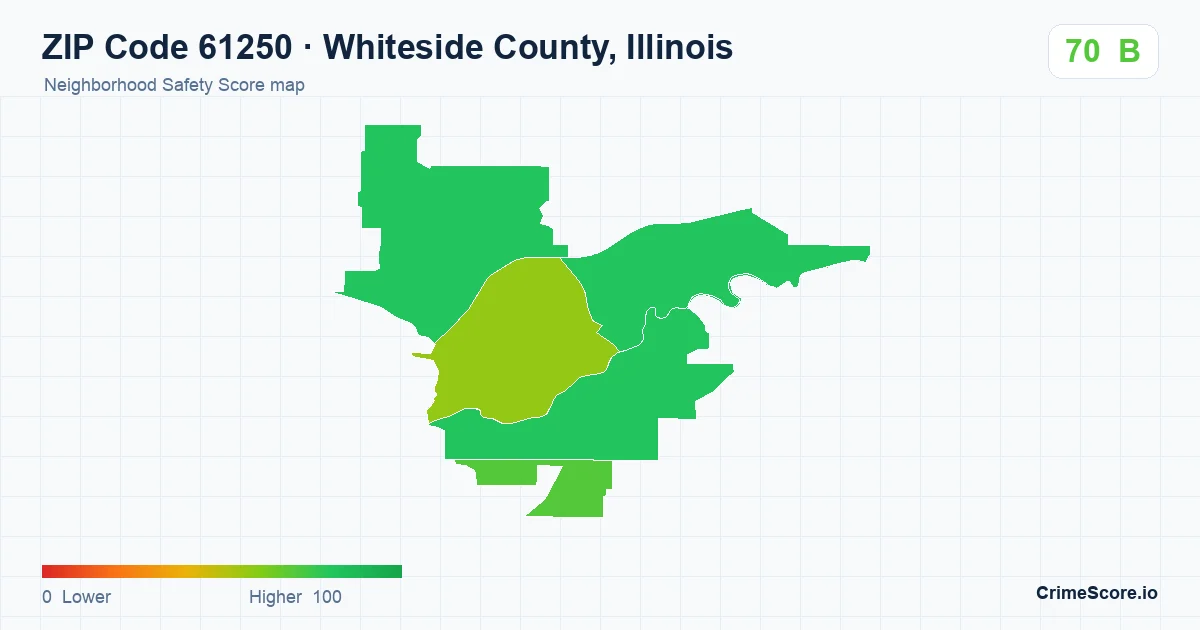 ZIP Code 61250 in Whiteside County, Illinois neighborhood Safety Score map
