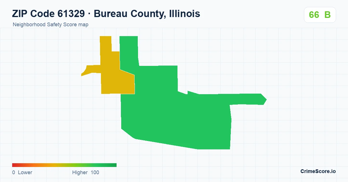 ZIP Code 61329 in Bureau County, Illinois neighborhood Safety Score map