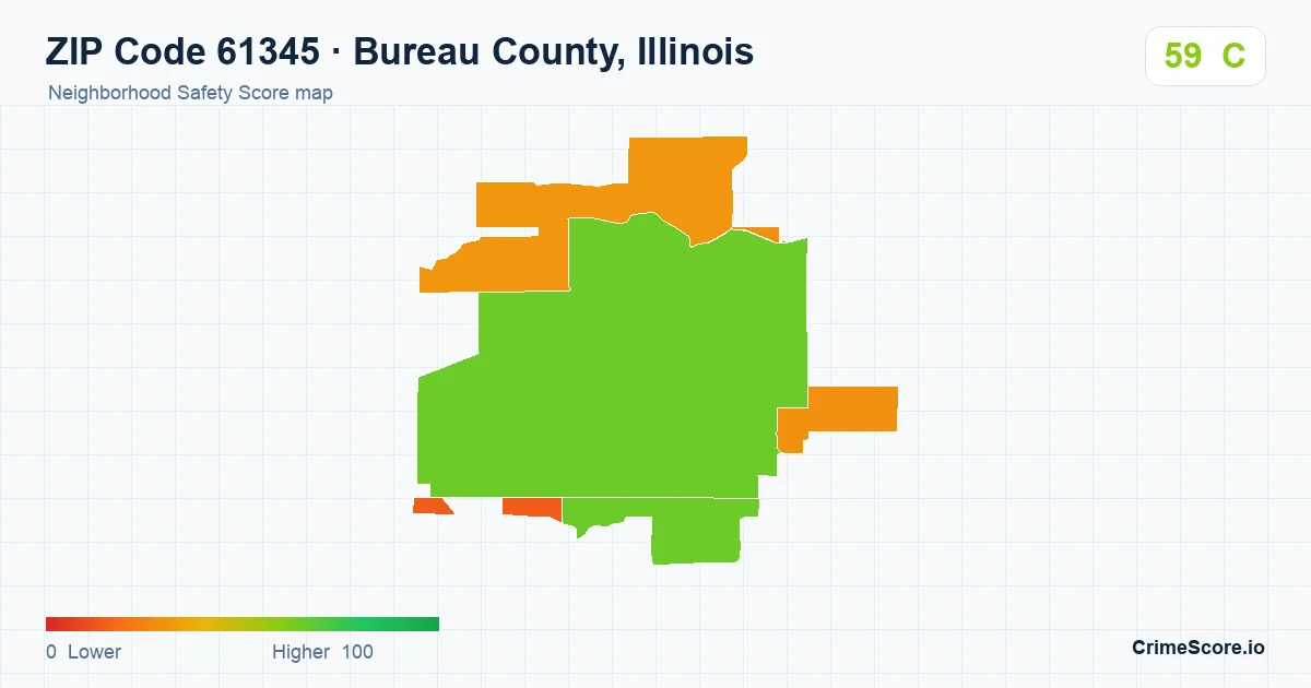 ZIP Code 61345 in Bureau County, Illinois neighborhood Safety Score map