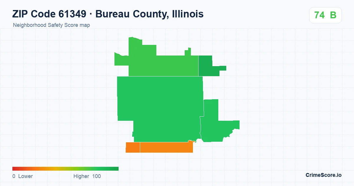 ZIP Code 61349 in Bureau County, Illinois neighborhood Safety Score map