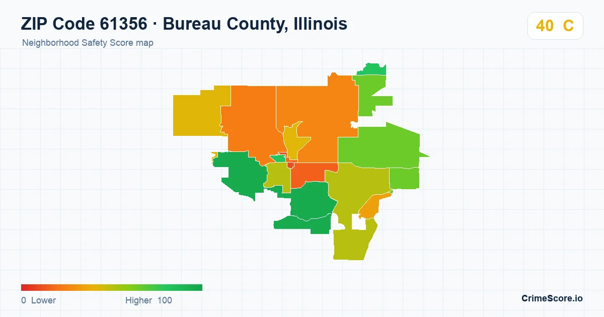ZIP Code 61356 in Bureau County, Illinois neighborhood Safety Score map