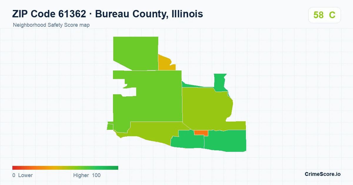 ZIP Code 61362 in Bureau County, Illinois neighborhood Safety Score map