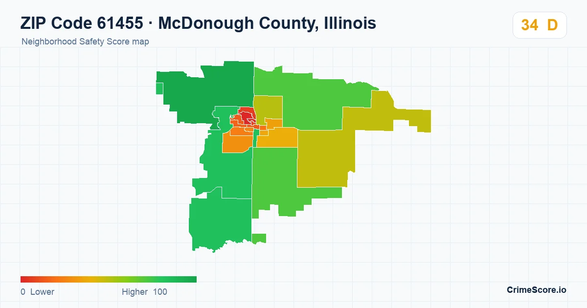 ZIP Code 61455 in McDonough County, Illinois neighborhood Safety Score map
