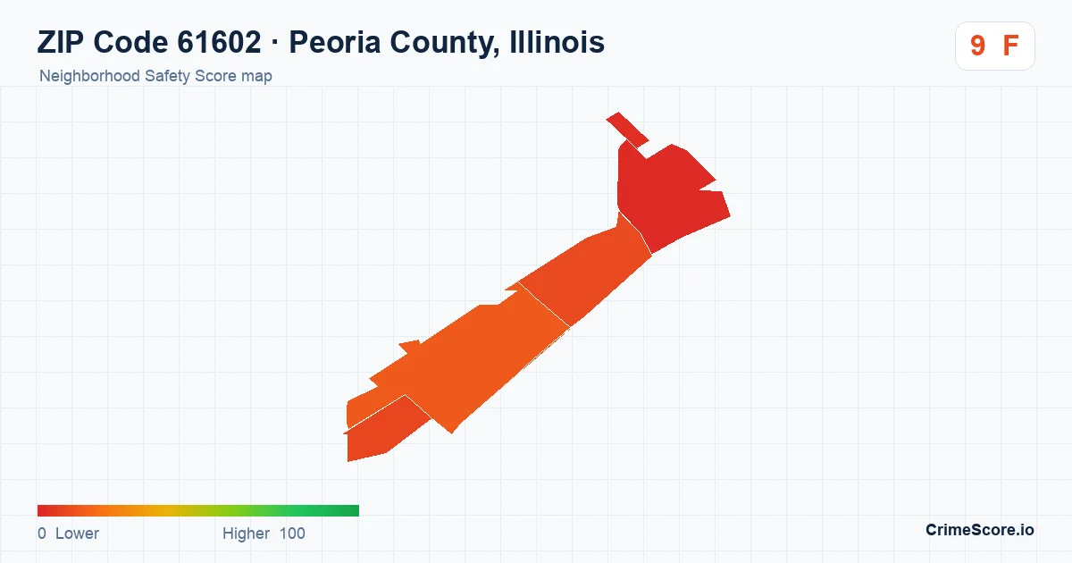 ZIP Code 61602 in Peoria County, Illinois neighborhood Safety Score map