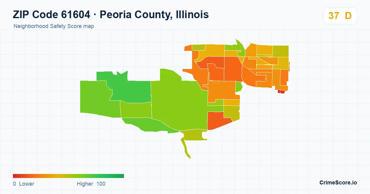 ZIP Code 61604 in Peoria County, Illinois neighborhood Safety Score map