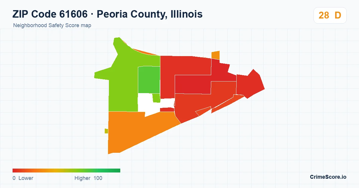ZIP Code 61606 in Peoria County, Illinois neighborhood Safety Score map