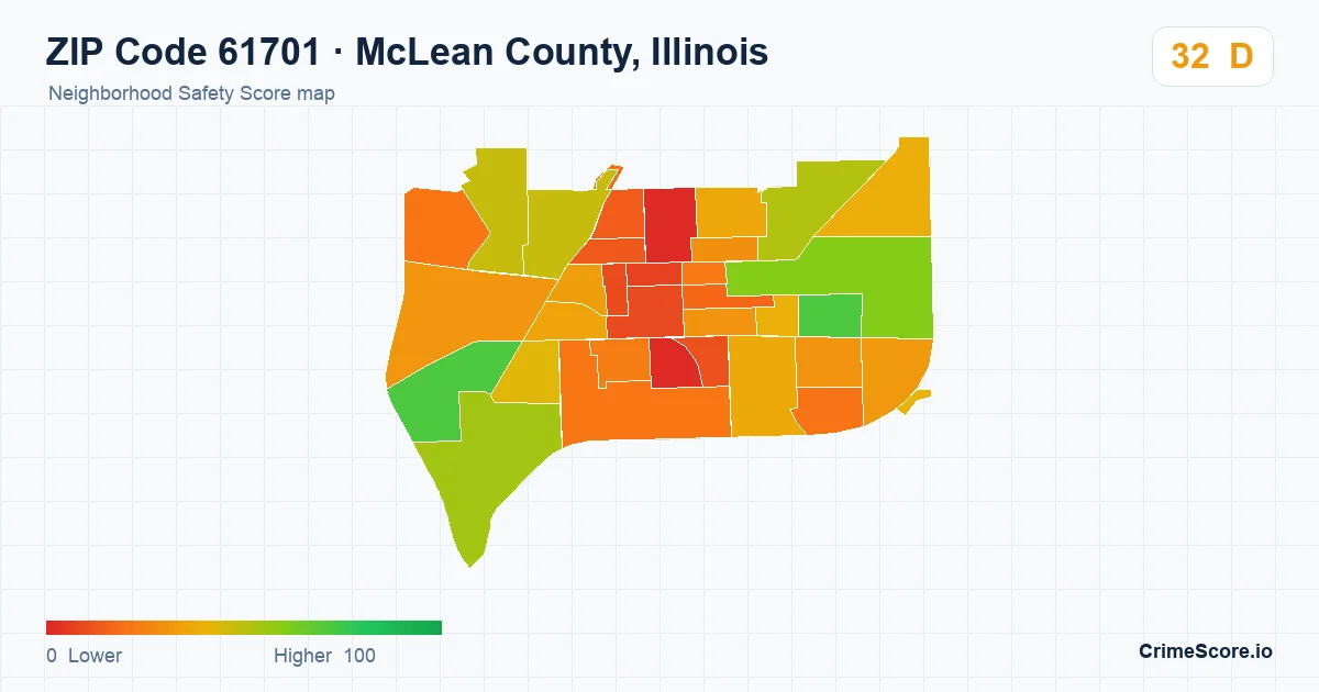 ZIP Code 61701 in McLean County, Illinois neighborhood Safety Score map