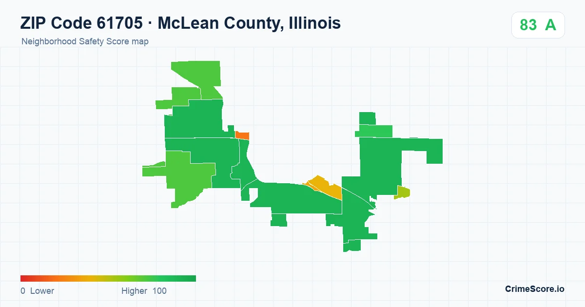 ZIP Code 61705 in McLean County, Illinois neighborhood Safety Score map