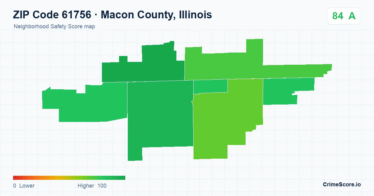 ZIP Code 61756 in Macon County, Illinois neighborhood Safety Score map