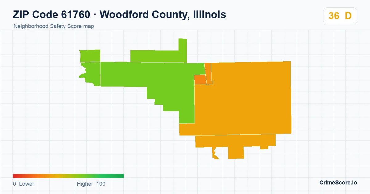 ZIP Code 61760 in Woodford County, Illinois neighborhood Safety Score map