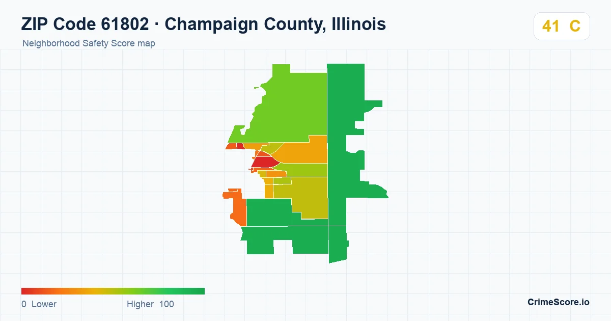 ZIP Code 61802 in Champaign County, Illinois neighborhood Safety Score map
