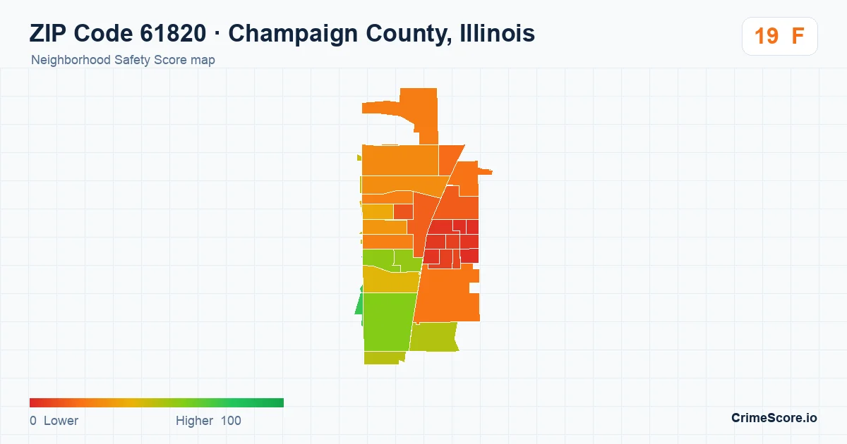 ZIP Code 61820 in Champaign County, Illinois neighborhood Safety Score map