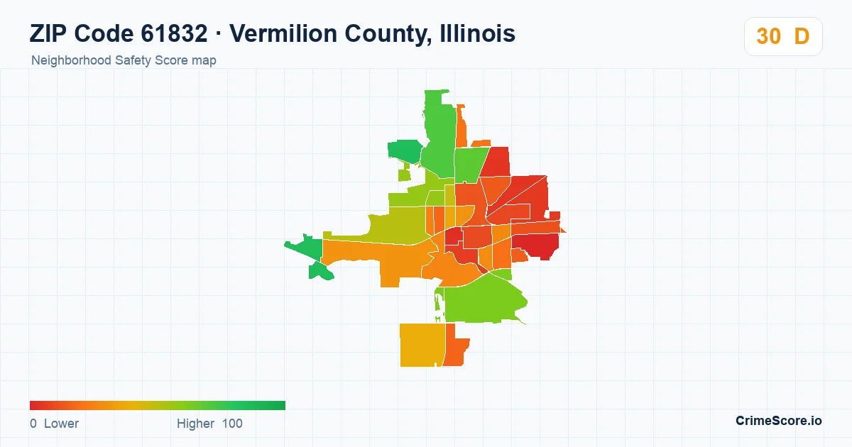 ZIP Code 61832 in Vermilion County, Illinois neighborhood Safety Score map