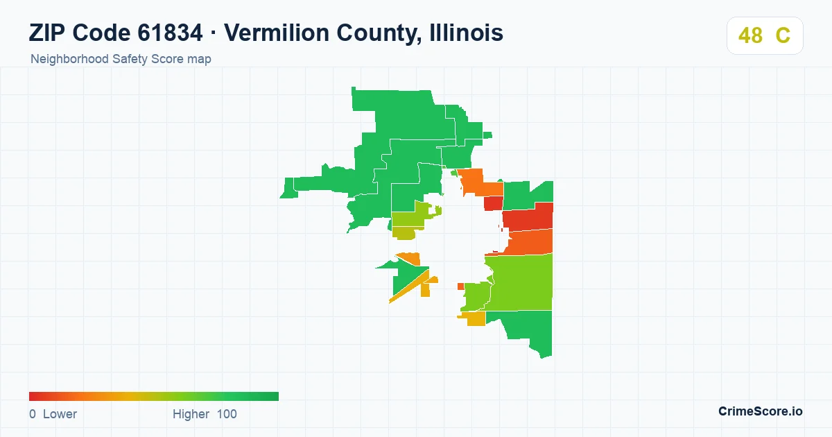 ZIP Code 61834 in Vermilion County, Illinois neighborhood Safety Score map