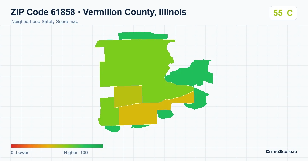 ZIP Code 61858 in Vermilion County, Illinois neighborhood Safety Score map