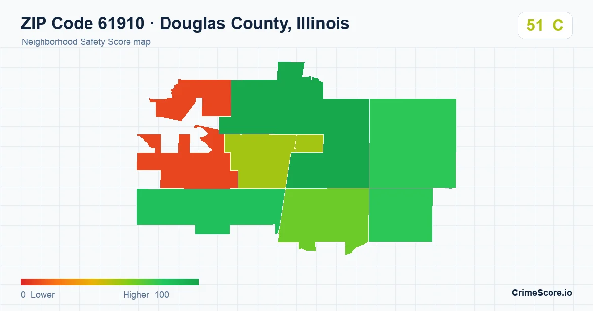 ZIP Code 61910 in Douglas County, Illinois neighborhood Safety Score map