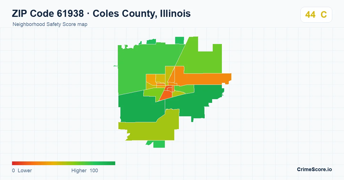 ZIP Code 61938 in Coles County, Illinois neighborhood Safety Score map