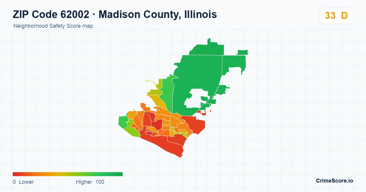 ZIP Code 62002 in Madison County, Illinois neighborhood Safety Score map