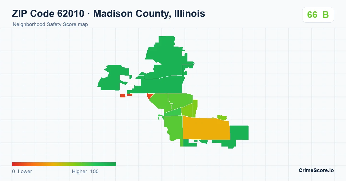 ZIP Code 62010 in Madison County, Illinois neighborhood Safety Score map