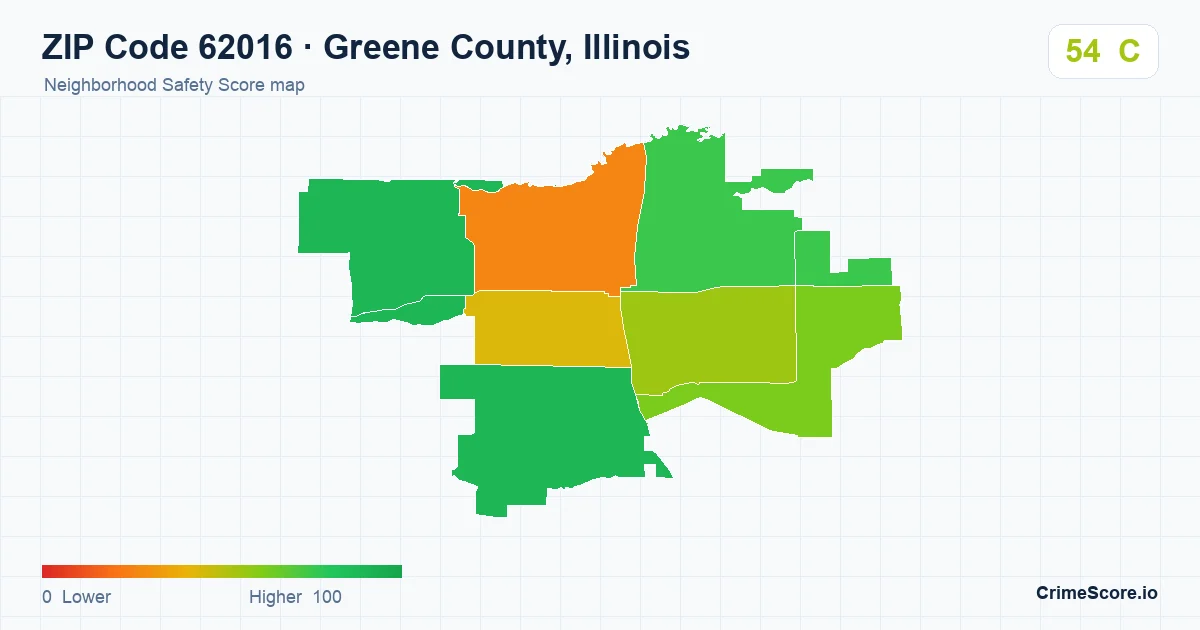 ZIP Code 62016 in Greene County, Illinois neighborhood Safety Score map