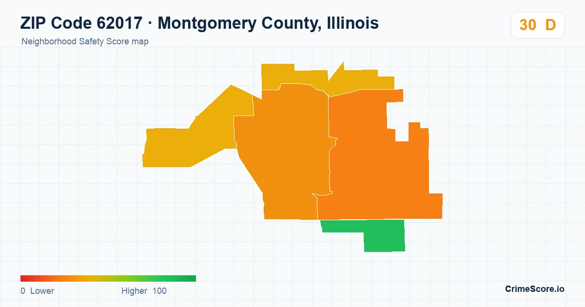 ZIP Code 62017 in Montgomery County, Illinois neighborhood Safety Score map