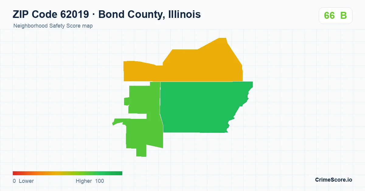 ZIP Code 62019 in Bond County, Illinois neighborhood Safety Score map