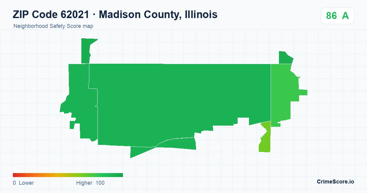 ZIP Code 62021 in Madison County, Illinois neighborhood Safety Score map